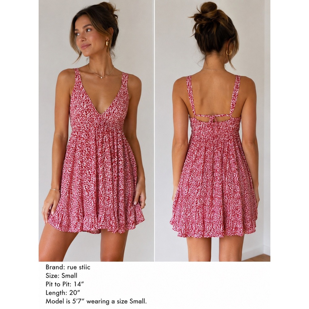 Rue Stiic Red White Floral Mini Dress Womens Small V-Neck Empire Waist Bali Boho